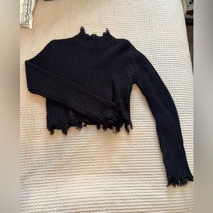 Distressed Cropped Black Turtleneck